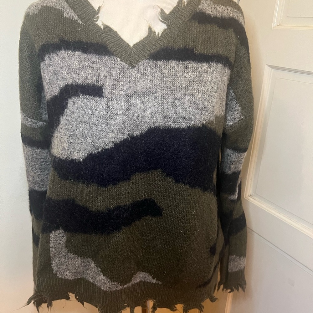 Camo Print Distressed Sweater